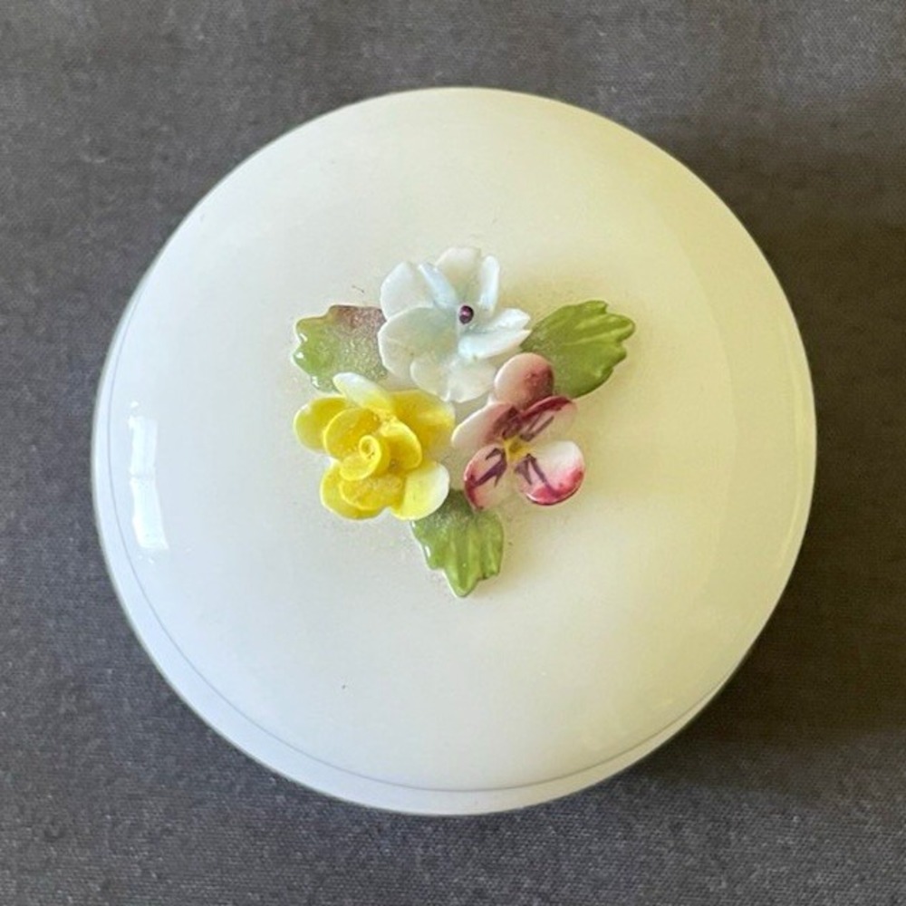 Cottagecore Coalport England Bone China Porcelain Trinket Box Lid White Floral